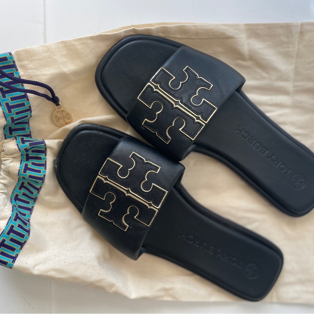 Tory Burch Black and Gold Slides Size 9.5